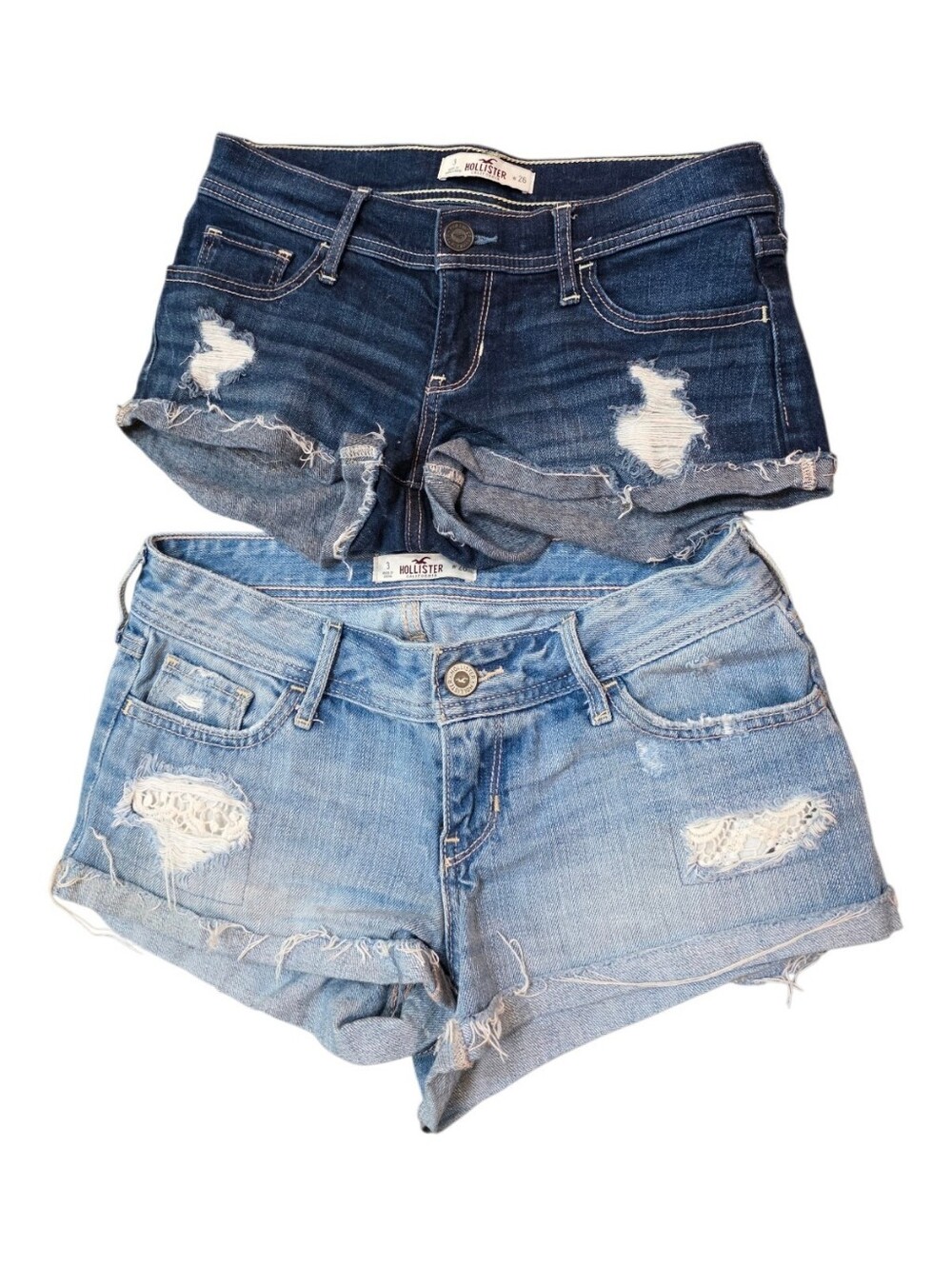 Hollister Juniors Shorts Dark & Light Blue Wash Size 3 26" waist Distressed 2 Pr